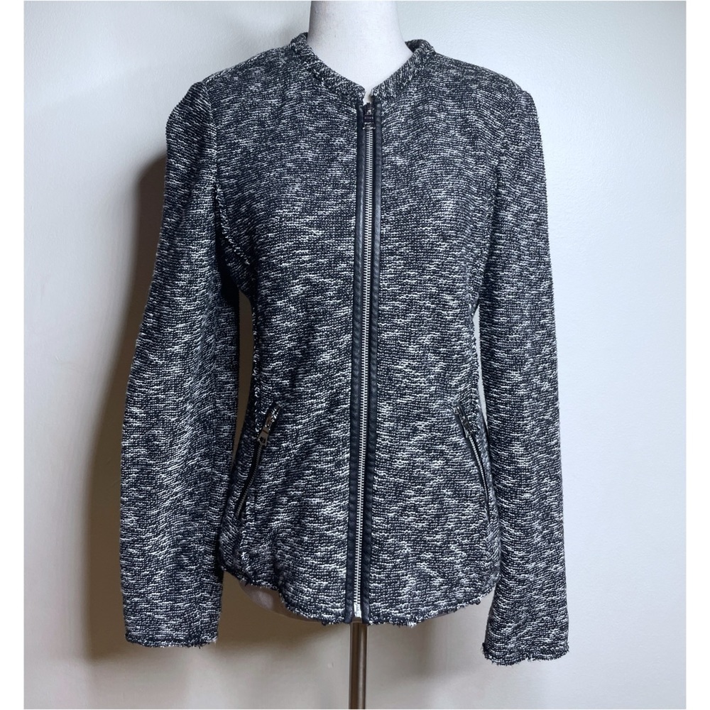 EUC Rebecca Taylor Tweed Fringe Faux Leather Trim Full Zip Ip Moto Jacket 4​​​​